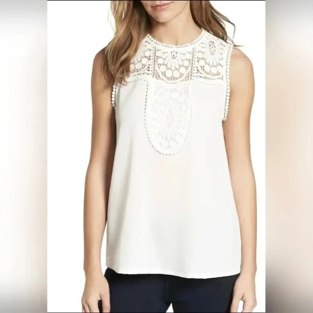 Halogen Lace & Crepe Top Ivory Cloud Size XL